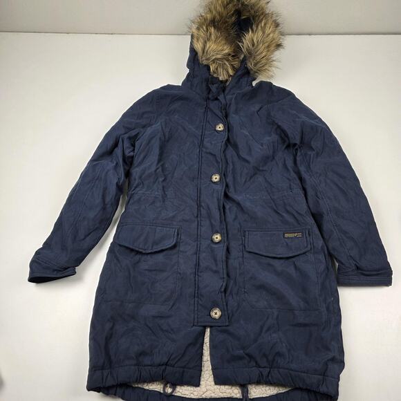VTG Y2K Abercrombie & Fitch Parka Coat Women's Small Navy Faux Fur Sherpa Lined - Picture 1 of 11